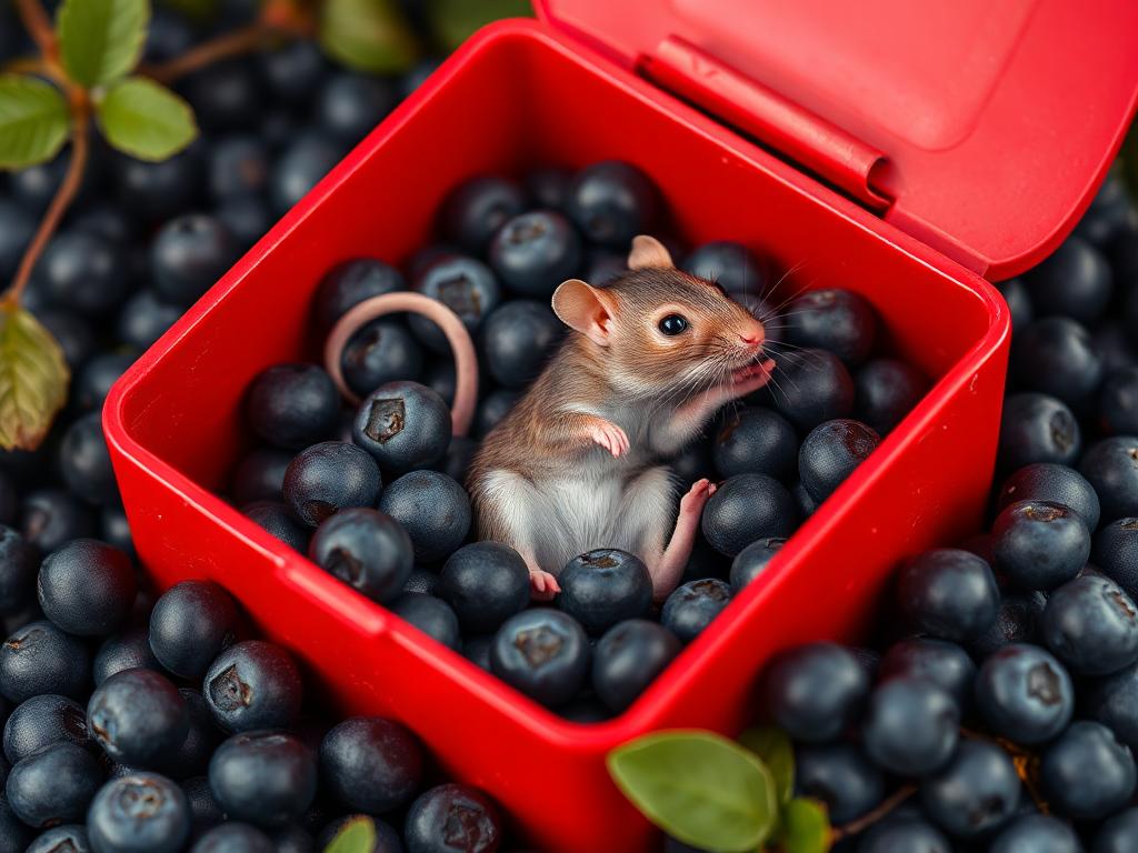 A red box of blue berries with a rat dancing inside