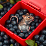 www.naked-ai.art - A red box of blue berries with a rat dancing inside