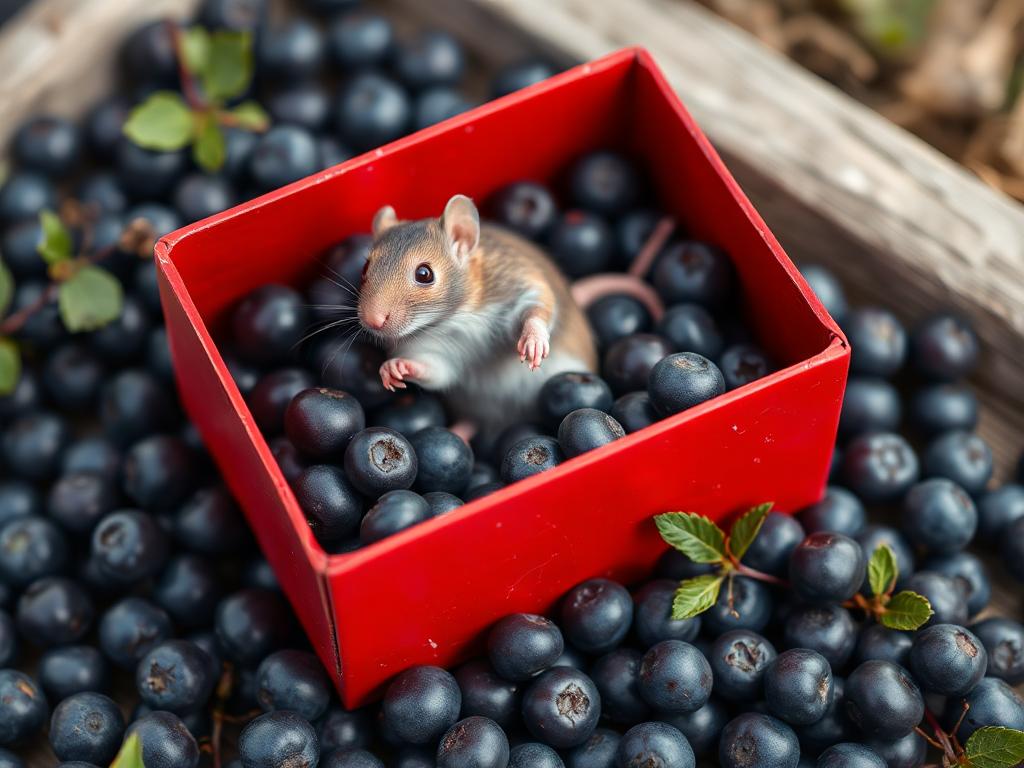 A red box of blue berries with a rat dancing inside