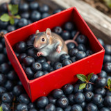 www.naked-ai.art - A red box of blue berries with a rat dancing inside