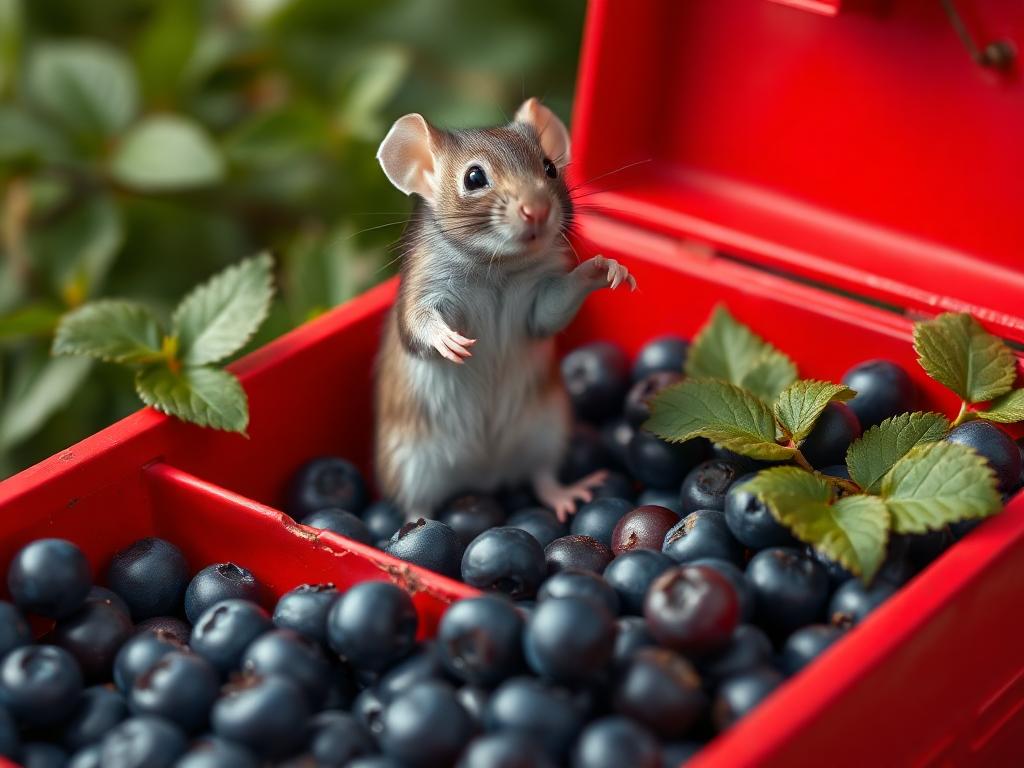 A red box of blue berries with a rat dancing inside