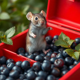 www.naked-ai.art - A red box of blue berries with a rat dancing inside