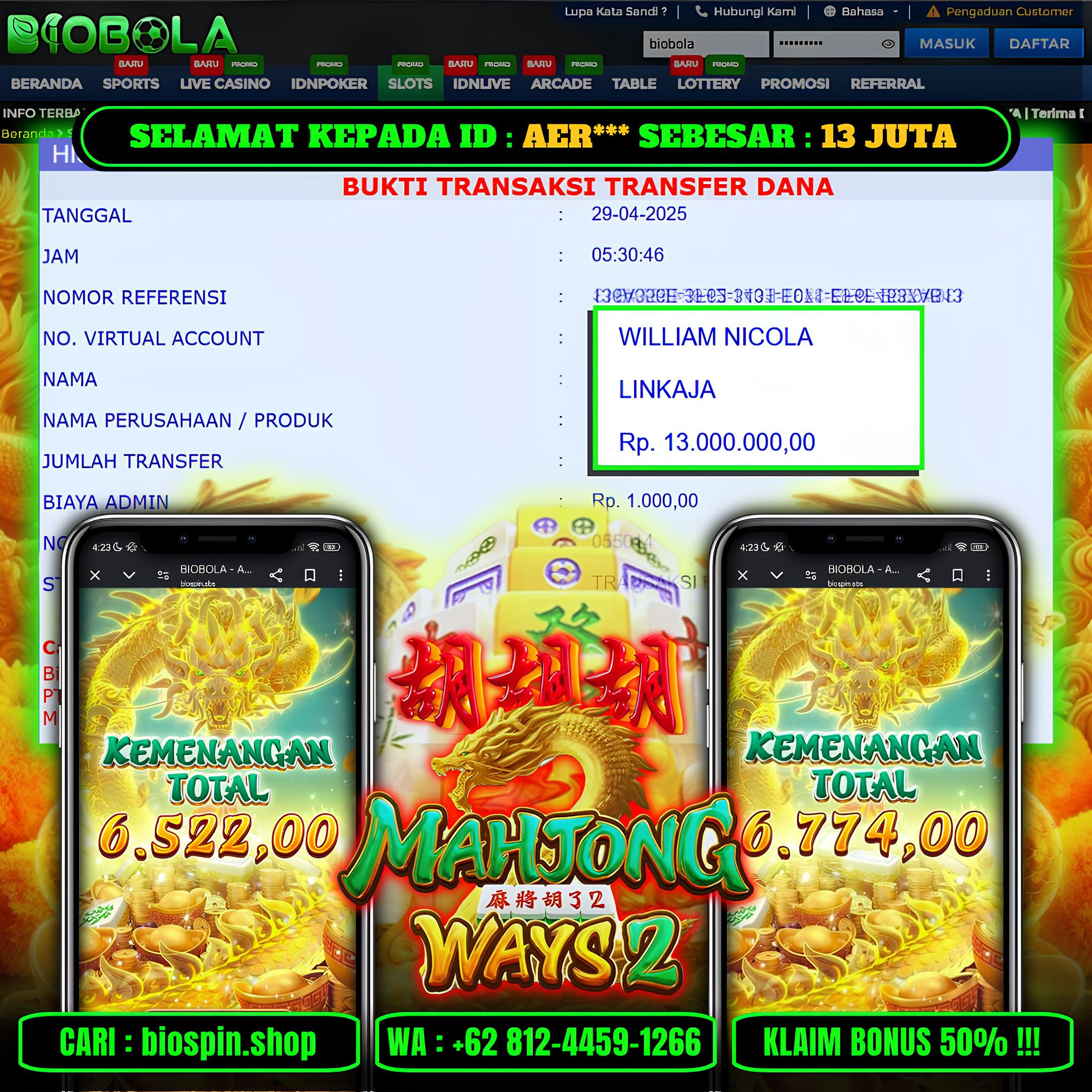 BIOBOLA  - JACKPOT DI GAME MAHJONG MEGAWAYS 2 SEBESAR RP 13JT DIBAYAR LUNAS