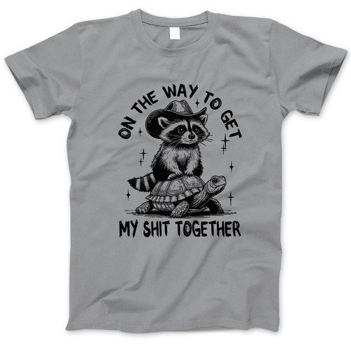 Photograph of four blank t-shirts greys beige and army green. Clipping path included. Ready for your.jpg