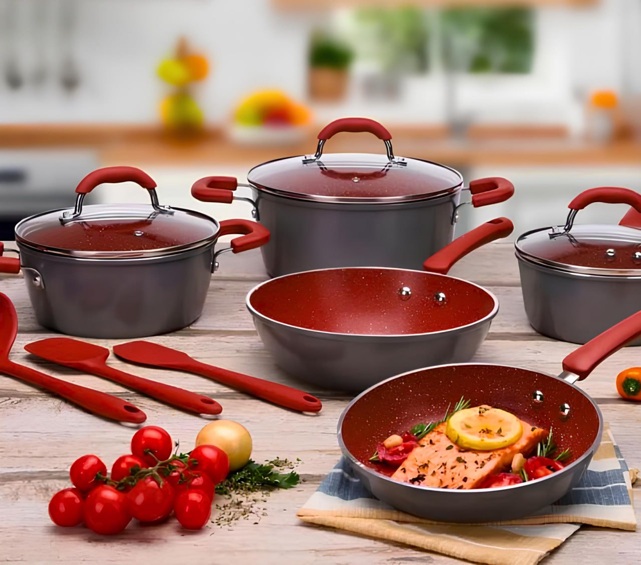 Jogo de Panelas Brinox Revestimento Cerâmico – de Alumínio Vermelho e Cinza 8 Peças Select Marble Jogo de Panelas Brinox Revestimento Cerâmico – de Alumínio Vermelho e Cinza 8 Peças Select Marble
