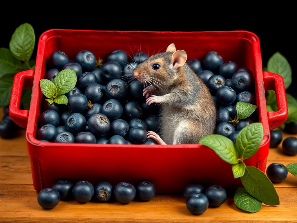 A red box of blue berries with a rat dancing inside
