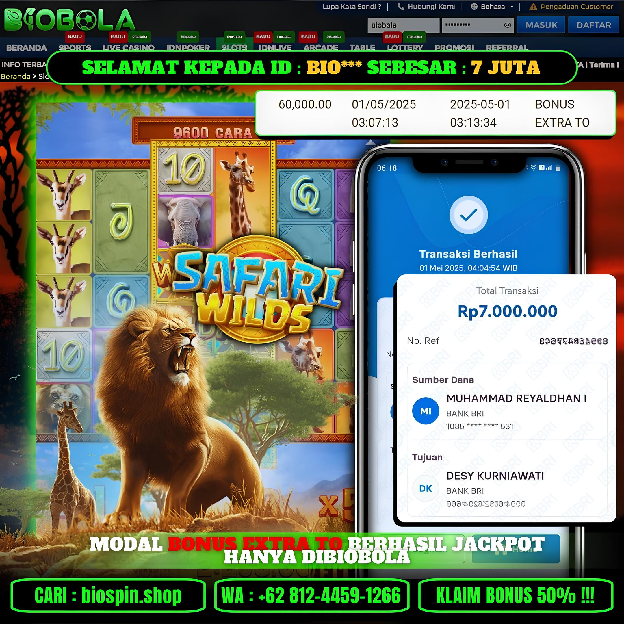 BIOBOLA  - JACKPOT DI GAME SAFARI WILD  SEBESAR RP 7JT DIBAYAR LUNAS
