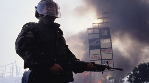 A California National Guardsman on guard during the LA Riots, 1992.