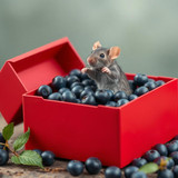 www.naked-ai.art - A red box of blue berries with a rat dancing inside