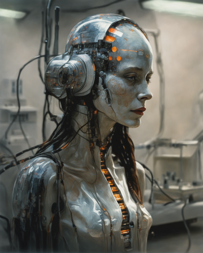 an android woman patient with orange hair is lying on an electric bed at a white laboratory of hospi.png