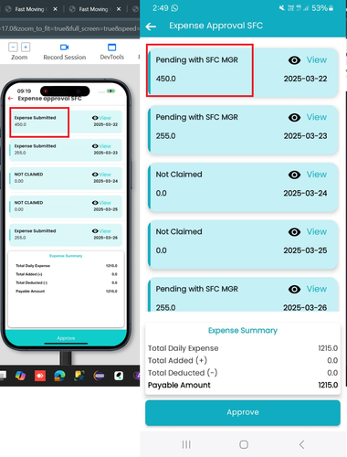 R3 R22. ANDROID SFC Expense MGR Login Showing Status as Pending with Manager name in the Approval sc.png