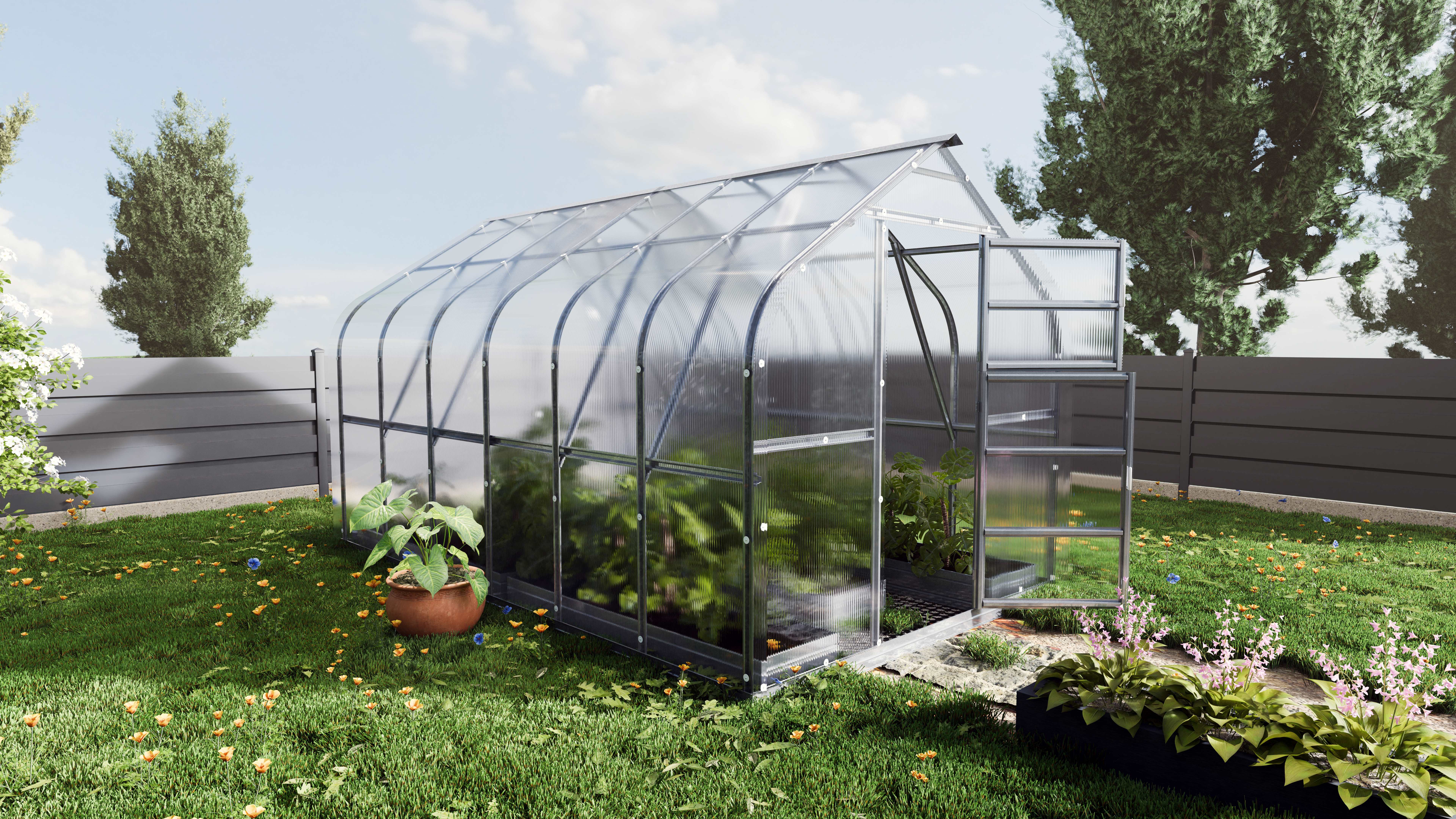 Image of Serre da giardino robuste KLASIKA Standard 10m2, 2,5m x 4m, 4 mm con rivestimento in policarbonato (con 2 tetti ad apertura automatica)