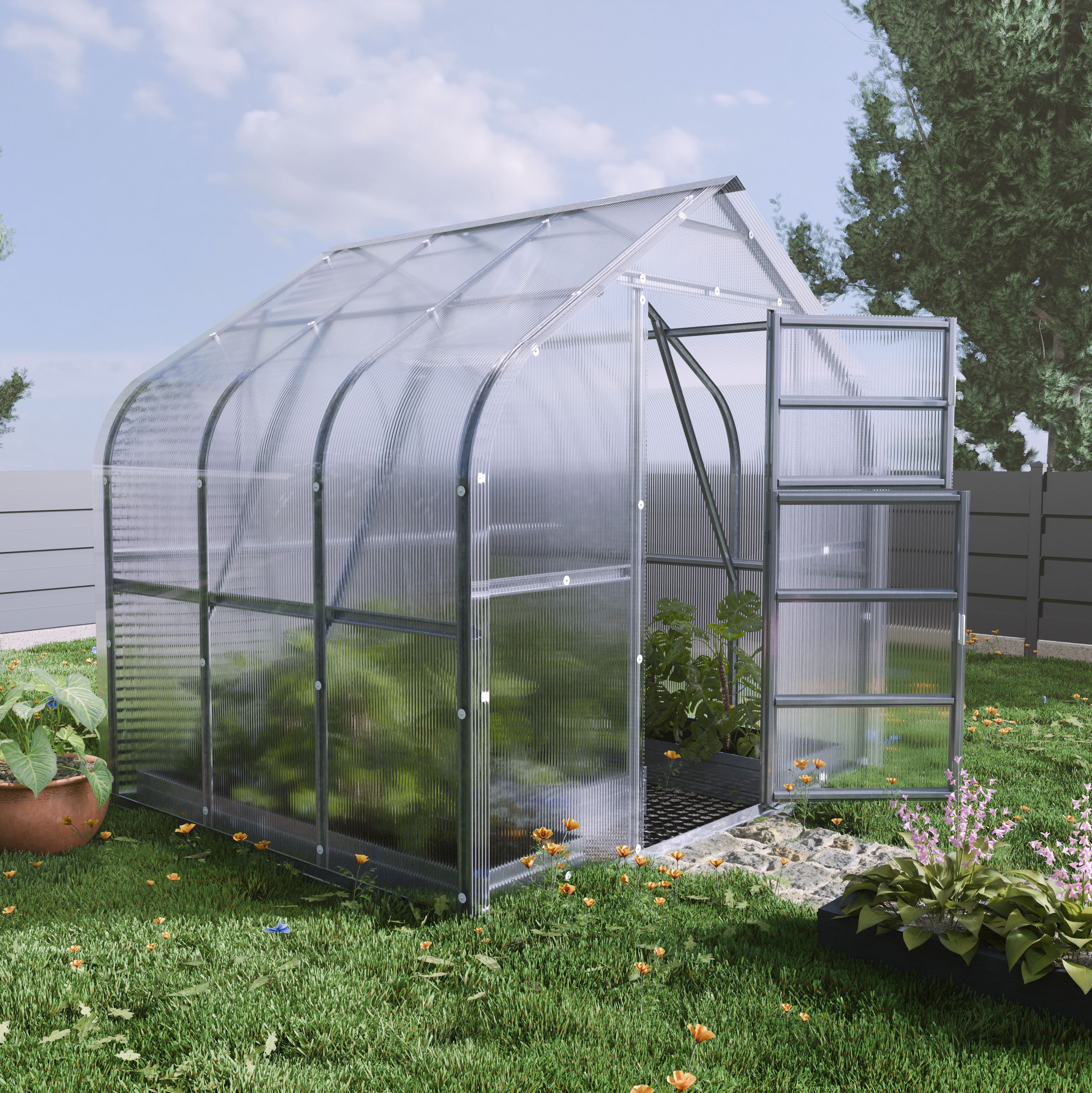 Image of Serre da giardino robuste KLASIKA Standard 5m2, 2,5m x 2m, 4 mm avec revêtement en polycarbonate (avec 1 toit ouvrant automatique)