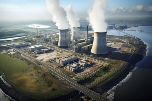 view nuclear power plant with towers letting out steam from process.jpg