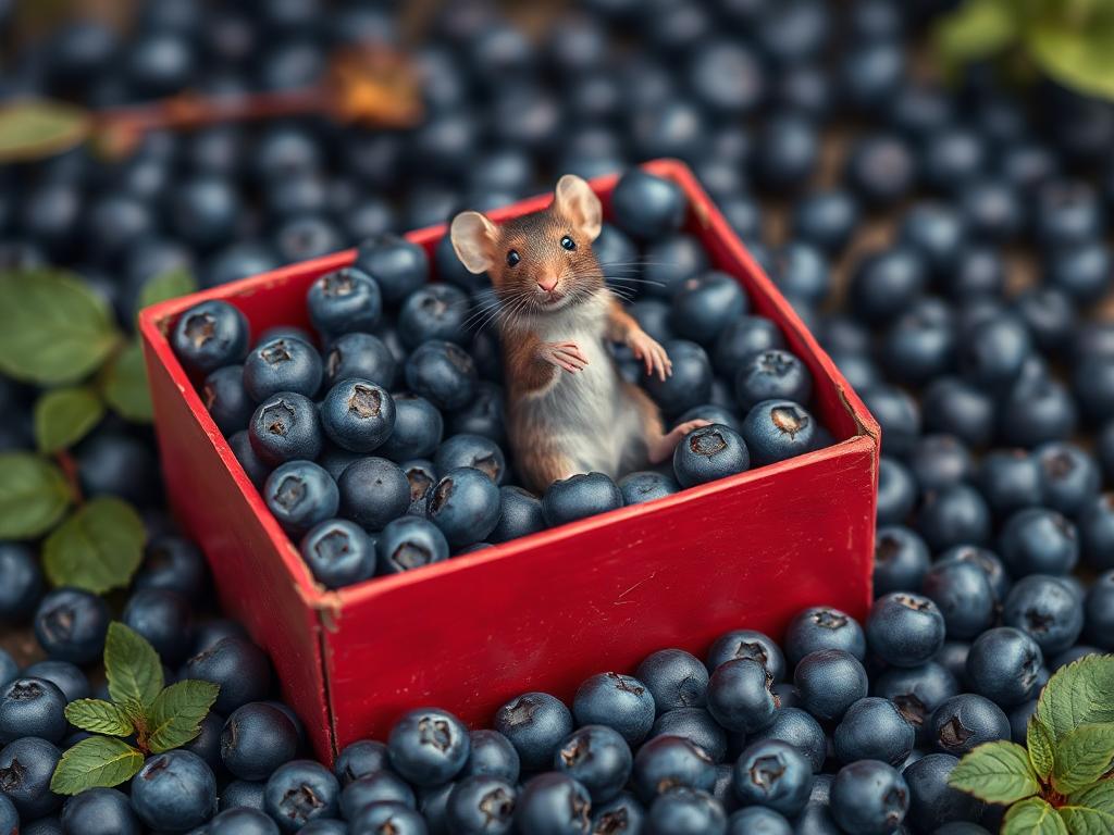 A red box of blue berries with a rat dancing inside