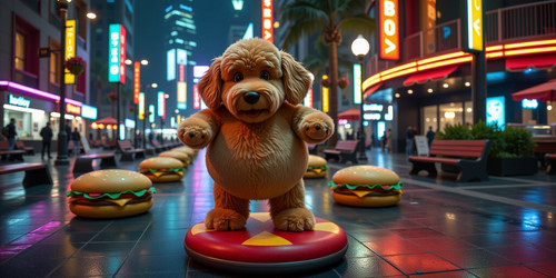 Subject Big Belly Bob BBB a plush labradoodle with an absurdly large spherical belly bouncing on bur.jpg