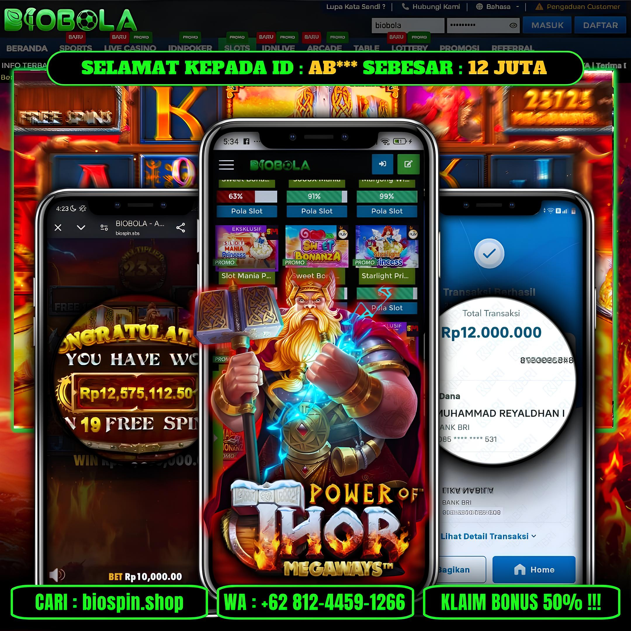 BIOBOLA  - JACKPOT DI GAME SLOT POWER OF THOR MEGAWAYS SEBESAR RP 12JT DIBAYAR LUNAS
