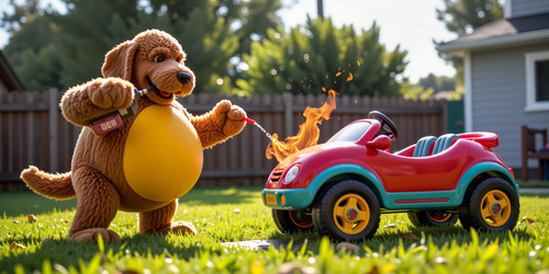 Subject Big Belly Bob a plush labradoodle with an absurdly large spherical belly is pouring gasoline.jpg