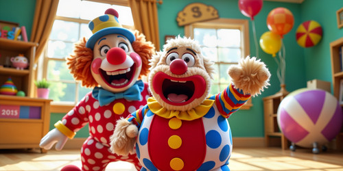 A lively scene featuring a clown startling Big Belly Bob causing him to squeal Subject Big Belly Bob.jpg