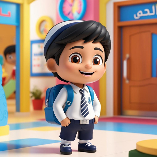 Create a design featuring cute 3D Animasi, seorang anak SMP memakai seragam sekolah dan tas backgrou.jpg
