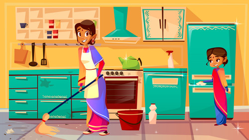 Housewife cleaning kitchen vector illustration of Indian mother in sari mopping floor and daughter h.jpg