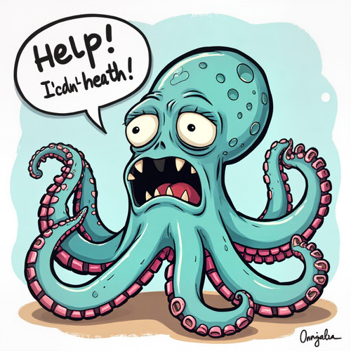cartoonish image of an octopus without its gills looking distressed and struggling to breathe with a.jpg