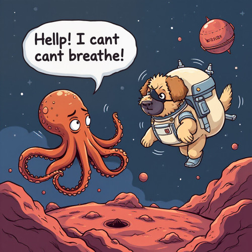 cartoonish image of an octopus without its gills looking distressed and struggling to breathe with a.jpg