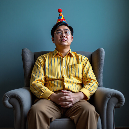A sad 30 year old Chinese man in a button up yellow shirt with thin vertical blue stripes sitting in.jpg