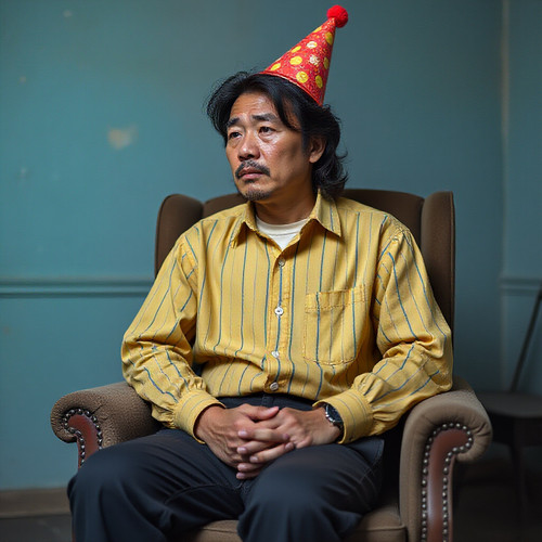 A sad 30 year old Chinese man with long curly hair and a mustache and stubble in a slightly dirty bu.jpg