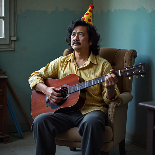 A sad 30 year old Chinese man with long curly hair and a mustache and stubble in a slightly dirty bu.jpg