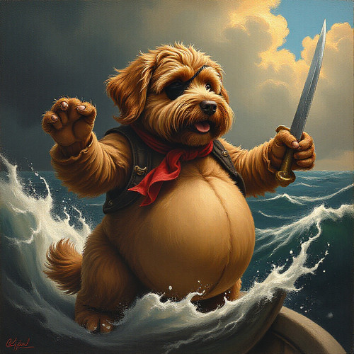 Delacroix La Liberté guidant le peuple but in Picasso Escher style ultra realistic with a labradoodl.jpg