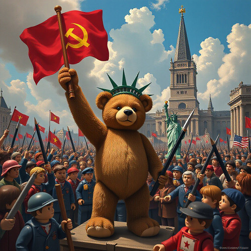 Delacroix La Liberté guidant le peuple but in Picasso M C Escher style ultra realistic SFW teddy bea.jpg