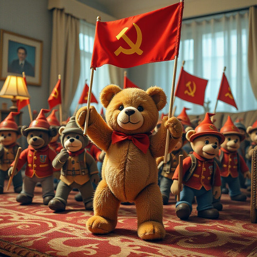 Teddyka the teddy bear leading a group of toys in a communist revolution with banners and marching t.jpg