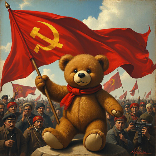 teddy bear holding a communist flag in style of La Liberté guidant le peuple by Eugène Delacroix .jpg