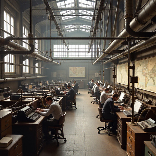 dieselpunk office floor of a human powered map reduce people working on mechanical computers pipes a.jpg