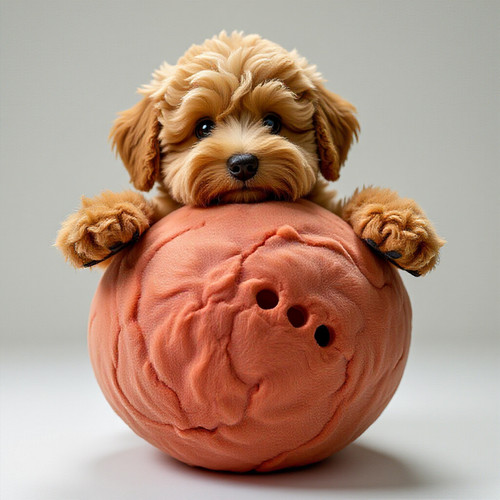 labradoodle puppy creature with absurdly large and bouncy belly round as a bowling ball cute whimsic.jpg