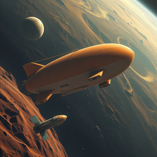 A giant blimp dog floating in space near a satellite orbiting Venus with a spacecraft docked nearby .jpg