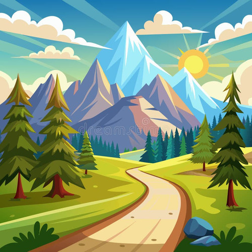 summer mountain road landscape cartoon vector background highway pine forest to travel sunny vacatio.1