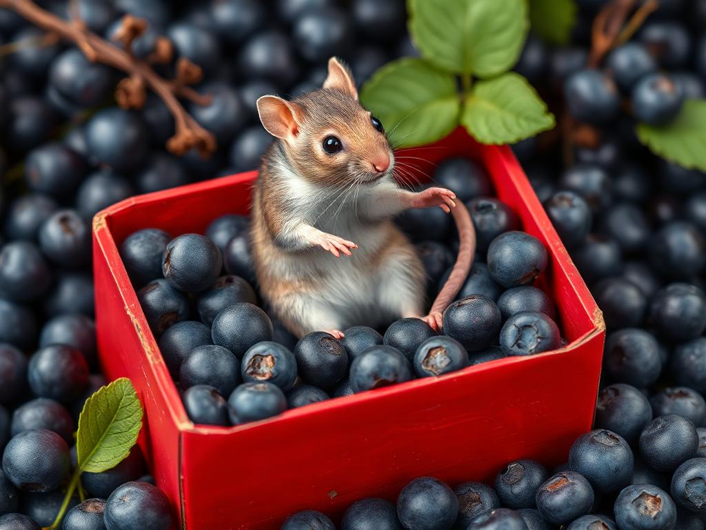 A red box of blue berries with a rat dancing inside
