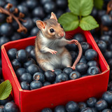 www.naked-ai.art - A red box of blue berries with a rat dancing inside