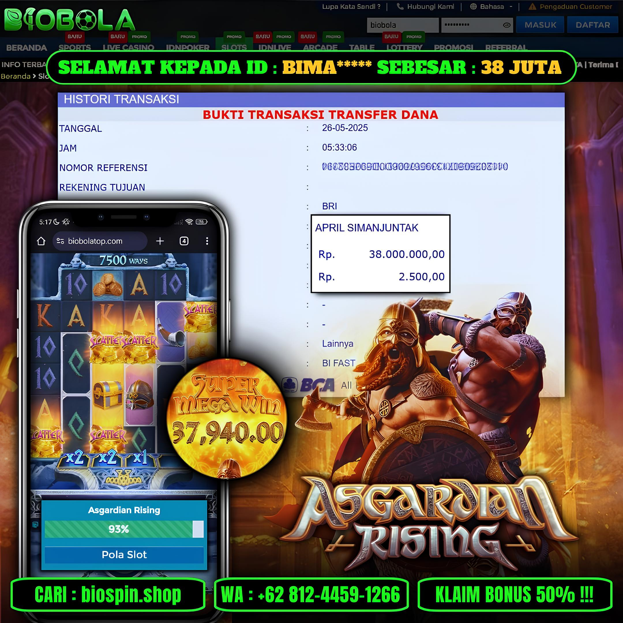 BIOBOLA  - JACKPOT DI GAME SLOT ASGARDIAN RISING RP 38JT DIBAYAR LUNAS