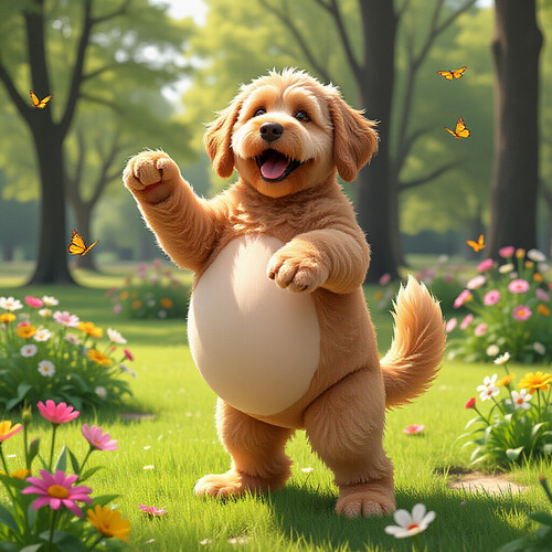 bella a bouncy dog labradoodle teddy bear hybrid with an absurdly large springy belly smiling happil.jpg