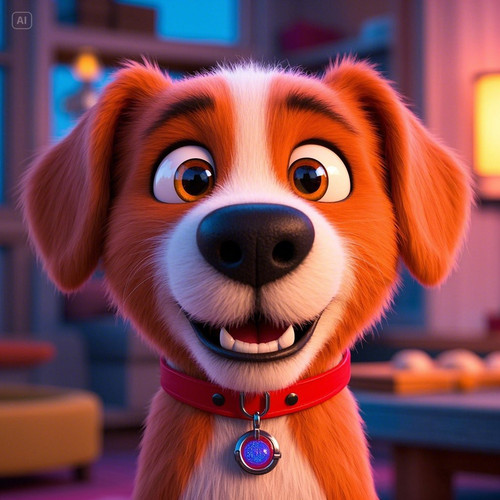 1. A cartoon dog with big expressive eyes, smiling widely, mid sentence with its mouth open, wearin..jpg