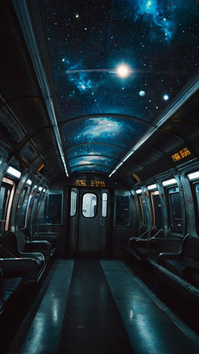 Leonardo Kino XL A subway train flying through space stars and 1.1