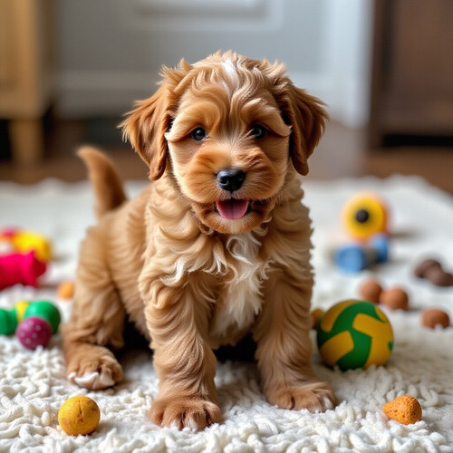 big belly bouncy labradoodle mix puppy with an enormous squishy belly wagging tail perked up ears su.jpg