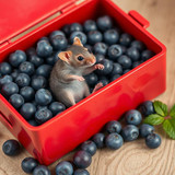 www.naked-ai.art - A red box of blue berries with a rat dancing inside