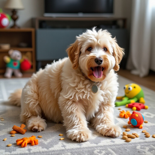 Big Belly Bella a bouncy fluffy labradoodle mix with an enormous squishy belly rotated by a 30 degre.jpg