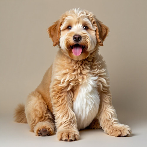 dog labradoodle teddy bear mix with an absurdly large springy belly and a cotton ball tail sitting l.jpg