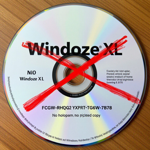 A CD R labeled Windoze XL with a fake product key FCKGW RHQQ2 YXRKT 8TG6W 2B7Q8 printed on it design.jpg