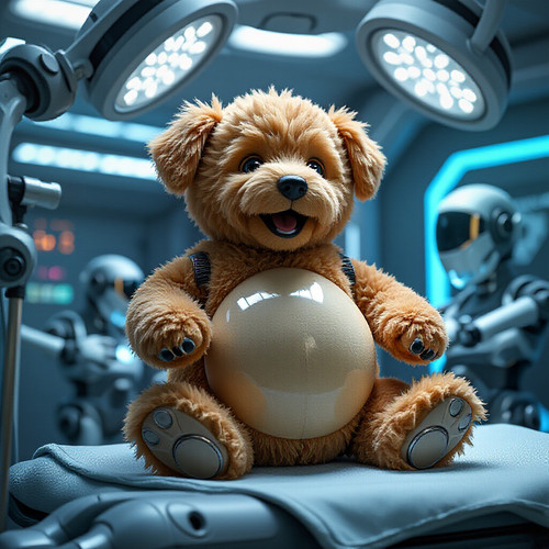 futuristic sci fi setting robotic surgery labradoodle teddy bear creature with absurdly large bouncy.jpg